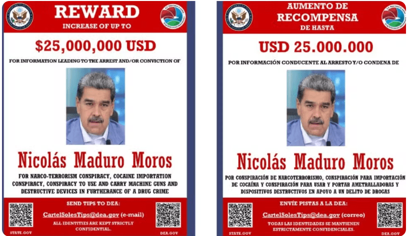 DEPARTAMENTO DOS EUA DIVULGA RECOMPENSA DE US$25 MILHÕES POR INFORMAÇÕES QUE LEVEM A PRISÃO OU CONDENAÇÃO DE&nbsp;MADURO