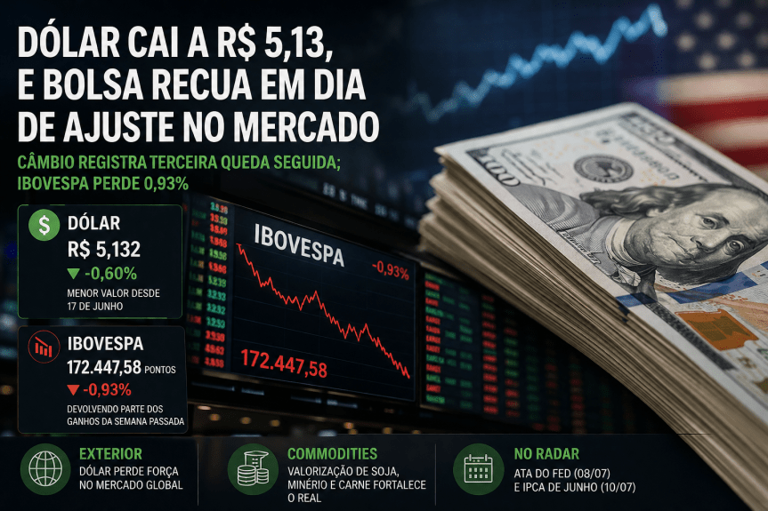 Dólar fecha a R$ 5,13 e atinge menor valor em quase três semanas; Bolsa brasileira&nbsp;recua